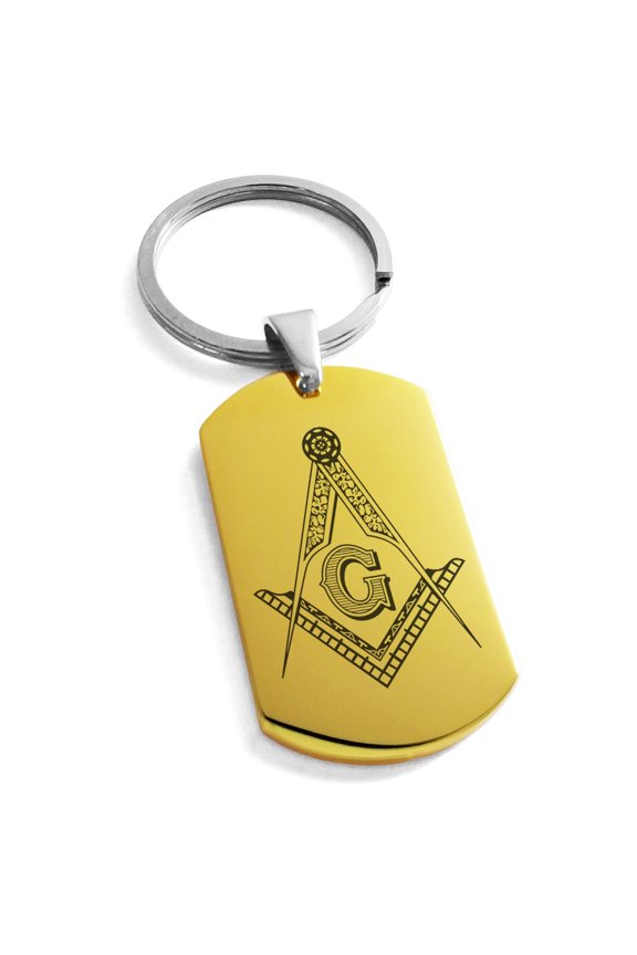 Stainless Steel Freemasons Masonic Floral Compass Engraved Dog Tag Keychain Keyring