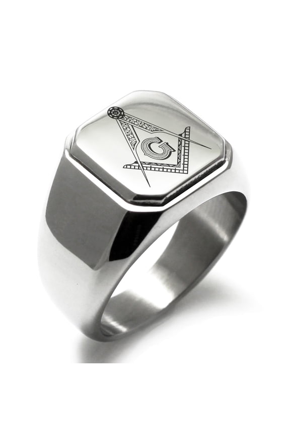 Stainless Steel Freemasons Masonic Floral Engraved Flat Biker Male Style Adult Polished Ring