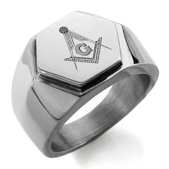 Stainless Steel Freemasons Masonic Floral Compass Engraved Hexagon Crest Flat Top Biker Style Polished Ring
