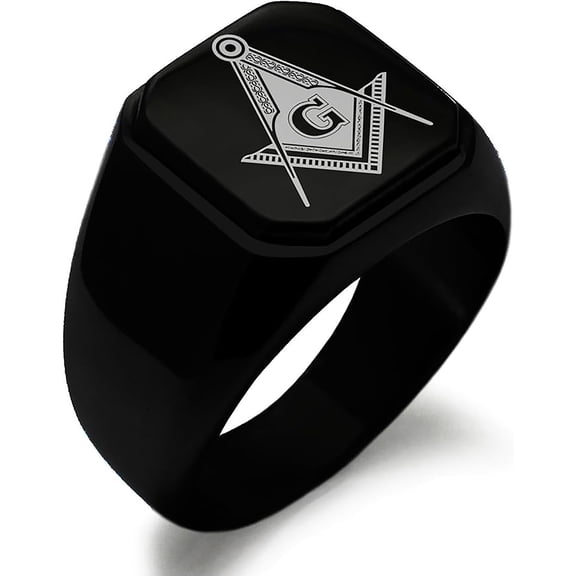 Tioneer Stainless Steel Freemasons Masonic Floral Compass Engraved Square Flat Top Biker Style Polished Signet Ring