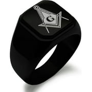 Tioneer Stainless Steel Freemasons Masonic Floral Compass Engraved Square Flat Top Biker Style Polished Signet Ring