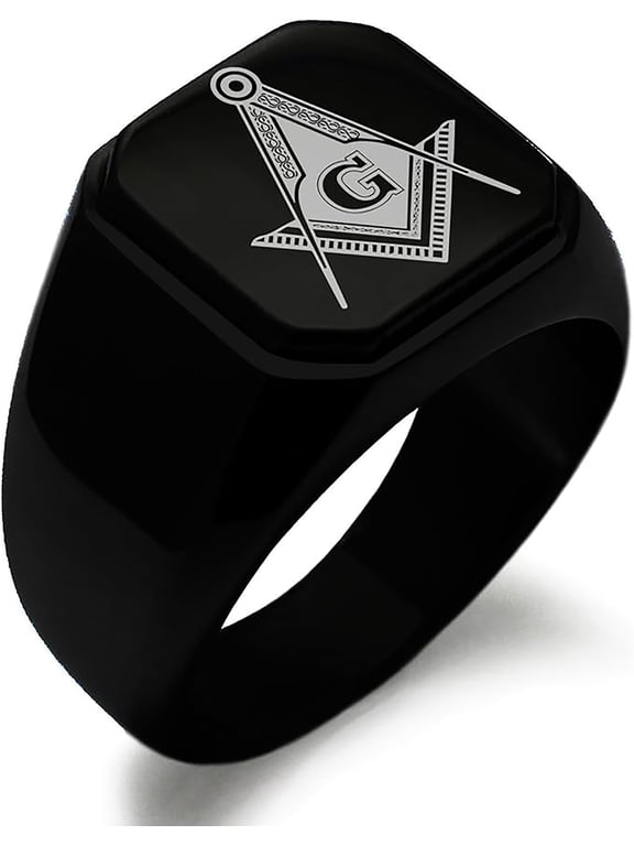 Stainless Steel Freemasons Masonic Floral Compass Engraved Square Flat Top Biker Style Polished Signet Ring