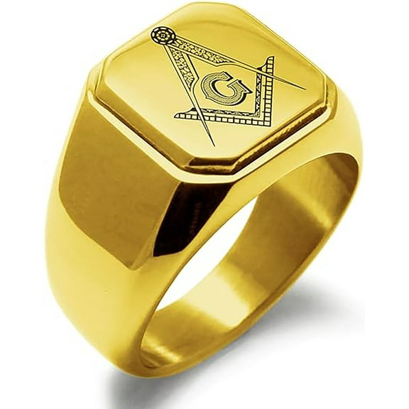 Stainless Steel Freemasons Masonic Floral Compass Engraved Square Flat Top Biker Style Polished Signet Ring