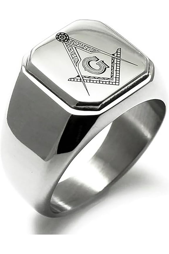 Stainless Steel Freemasons Masonic Floral Compass Engraved Square Flat Top Biker Style Polished Signet Ring