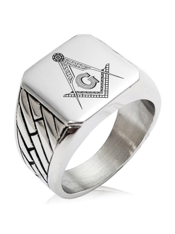 Stainless Steel Freemasons Masonic Floral Compass Geometric Pattern Biker Style Polished Ring