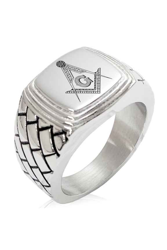 Stainless Steel Freemasons Masonic Floral Compass Geometric Pattern Step-Down Biker Style Polished Ring