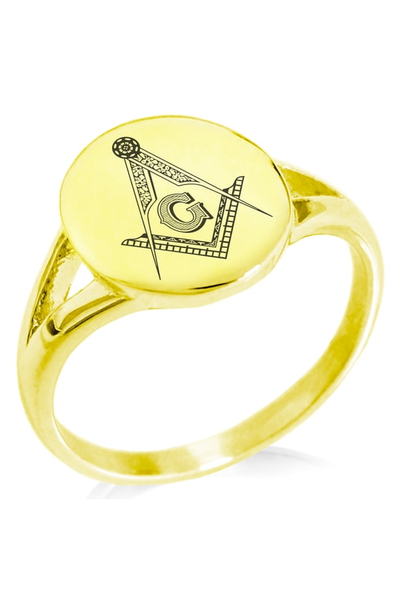 Stainless Steel Freemasons Masonic Floral Compass Minimalist Oval Top Polished Statement Signet Ring