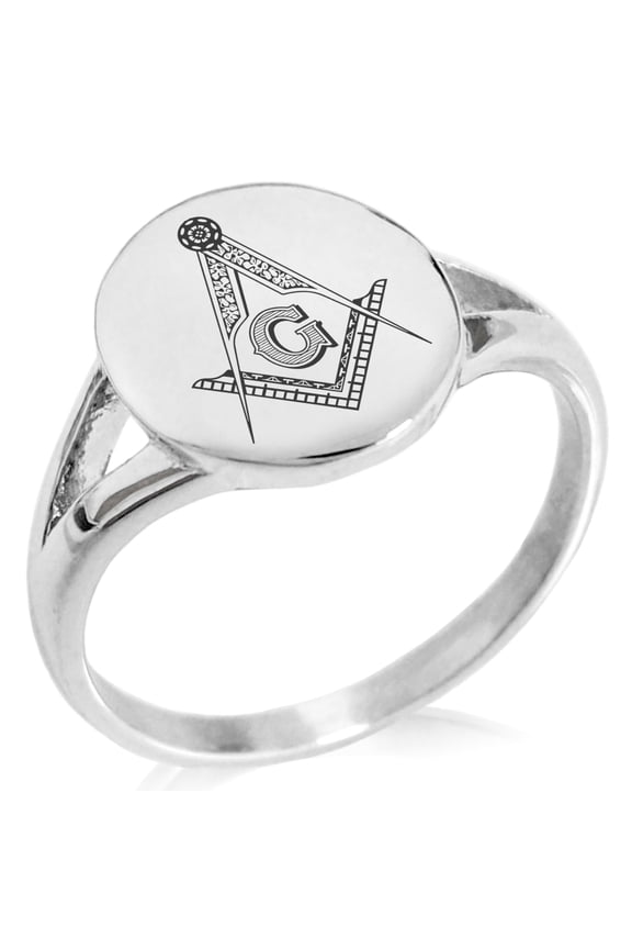 Stainless Steel Freemasons Masonic Floral Compass Minimalist Oval Top Polished Statement Signet Ring