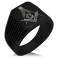 thumbnail image 1 of Stainless Steel Freemasons Masonic Floral Compass Needle Stripe Pattern Biker Style Polished Ring, 1 of 1