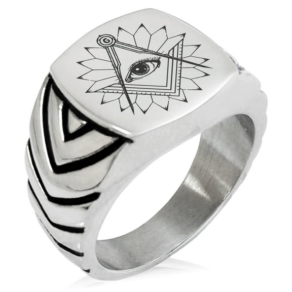 Stainless Steel Freemasons Masonic Lotus All Seeing Eye Chevron Pattern Biker Style Polished Ring
