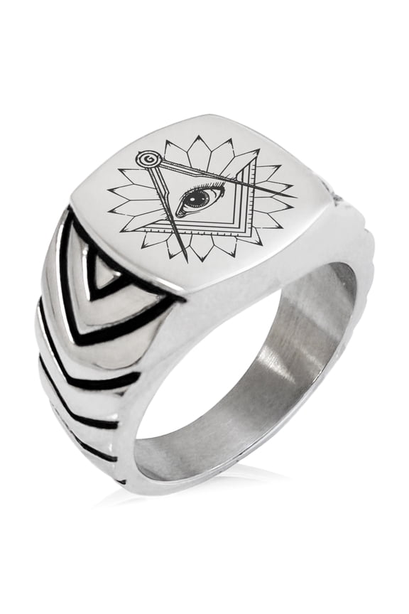 Stainless Steel Freemasons Masonic Lotus All Seeing Eye Chevron Pattern Biker Style Polished Ring