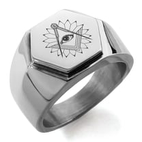 Stainless Steel Freemasons Masonic Lotus All Seeing Eye Engraved Hexagon Crest Flat Top Biker Style Polished Ring