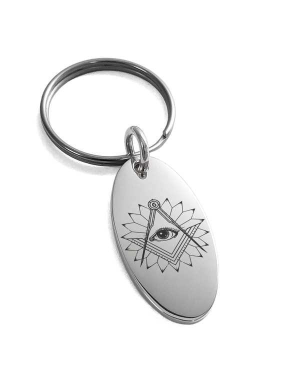 Stainless Steel Freemasons Masonic Lotus All Seeing Eye Engraved Small Oval Charm Keychain Keyring