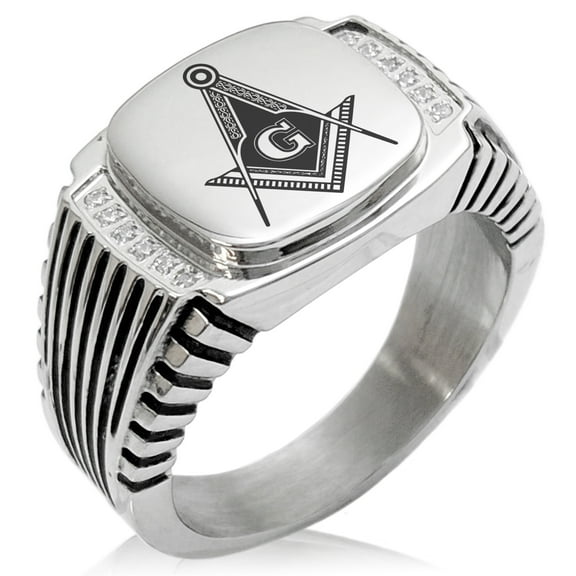Stainless Steel Freemasons Masonic Royal Compass CZ Ribbed Needle Stripe Pattern Biker Style Polished Ring