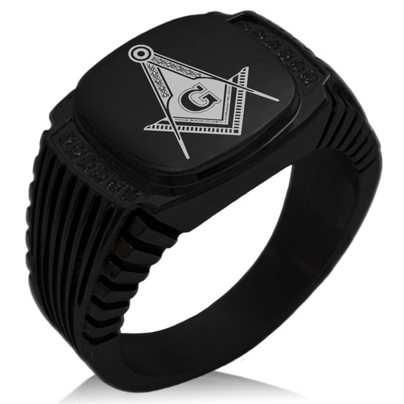 Stainless Steel Freemasons Masonic Royal Compass CZ Ribbed Needle Stripe Pattern Biker Style Polished Ring