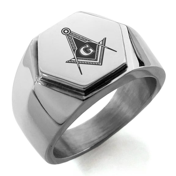 Stainless Steel Freemasons Masonic Royal Compass Engraved Hexagon Crest Flat Top Biker Style Polished Ring