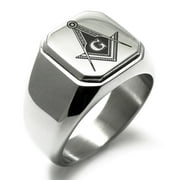 Stainless Steel Freemasons Masonic Royal Compass Engraved Square Flat Top Biker Style Polished Signet Ring