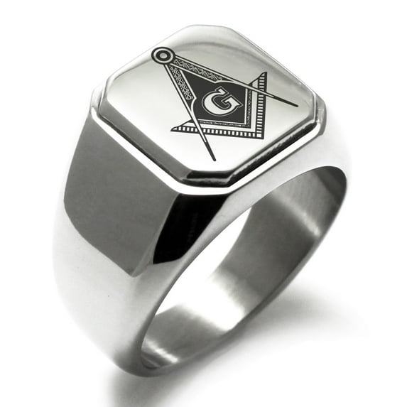 Stainless Steel Freemasons Masonic Royal Compass Engraved Square Flat Top Biker Style Polished Signet Ring