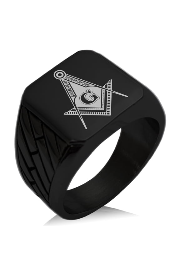 Stainless Steel Freemasons Masonic Royal Compass Geometric Pattern Biker Style Polished Ring