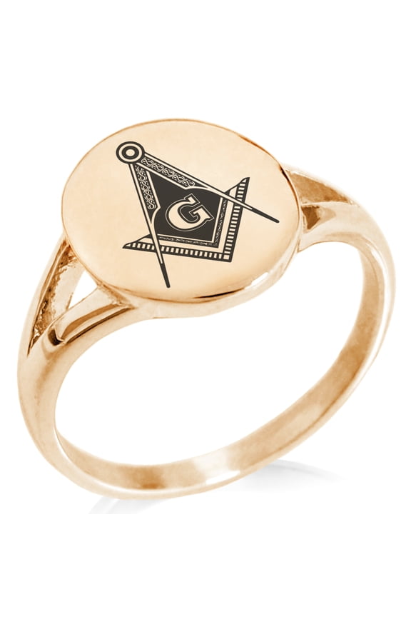 Stainless Steel Freemasons Masonic Royal Compass Minimalist Oval Top Polished Statement Signet Ring