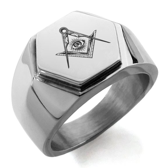 Stainless Steel Freemasons Masonic Sacred Society Engraved Hexagon Crest Flat Top Biker Style Polished Ring