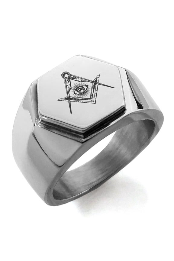 Stainless Steel Freemasons Masonic Sacred Society Engraved Hexagon Crest Flat Top Biker Style Polished Ring