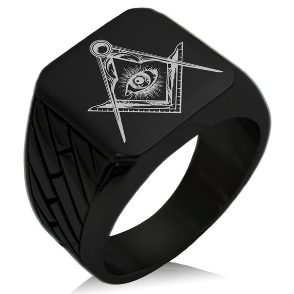 Tioneer Stainless Steel Freemasons Masonic Sacred Society Geometric Pattern CZ Biker Style Polished Ring