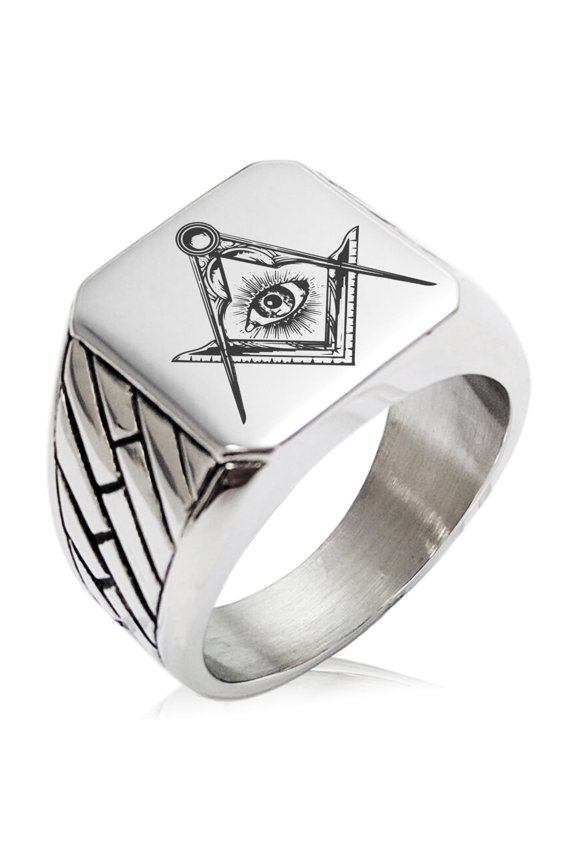 Stainless Steel Freemasons Masonic Sacred Society Geometric Pattern Biker Style Polished Ring