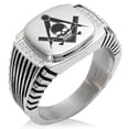 thumbnail image 1 of Stainless Steel Freemasons Masonic Skull & Crossbones CZ Ribbed Needle Stripe Pattern Biker Style Polished Ring, 1 of 1