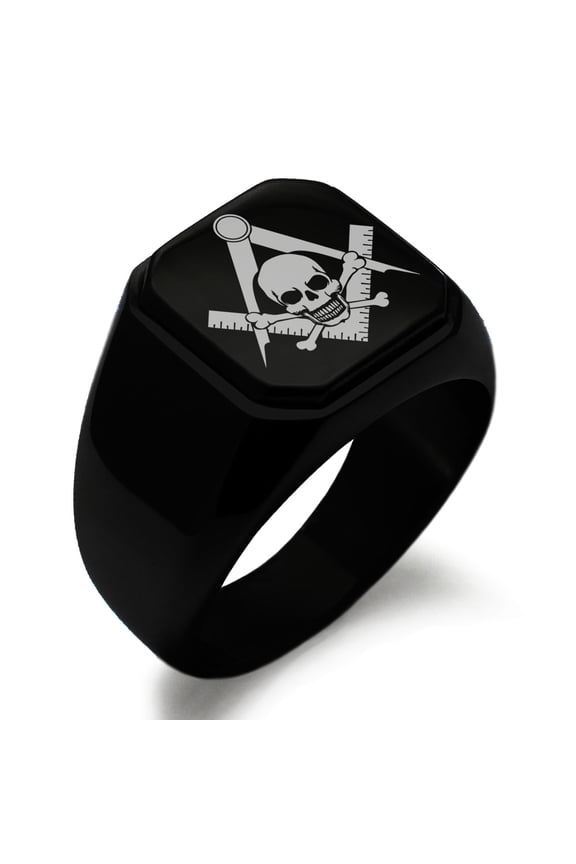 Stainless Steel Freemasons Masonic Skull & Crossbones Engraved Square Flat Top Biker Style Polished Ring