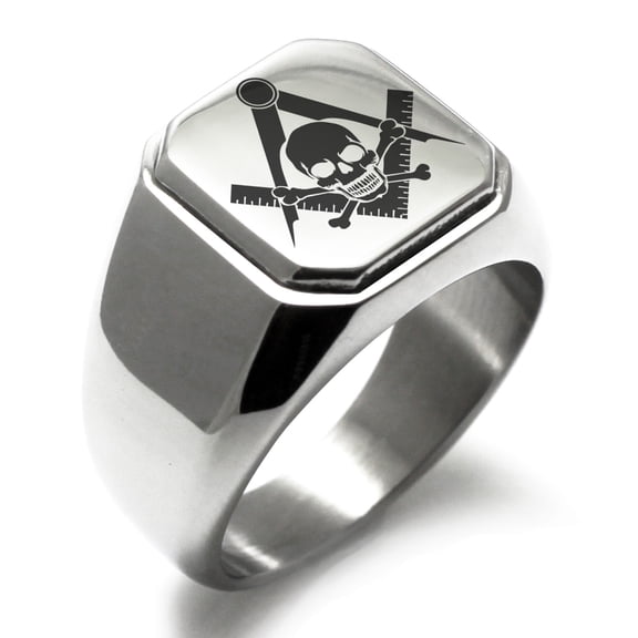 Stainless Steel Freemasons Masonic Skull & Crossbones Engraved Square Flat Top Biker Style Polished Signet Ring