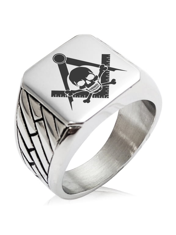 Stainless Steel Freemasons Masonic Skull & Crossbones Geometric Pattern Biker Style Polished Ring