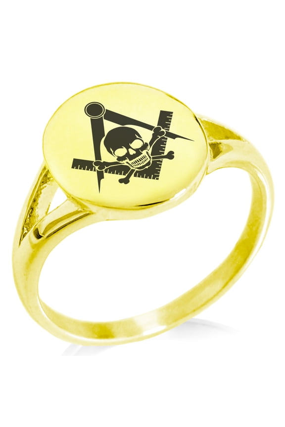 Stainless Steel Freemasons Masonic Skull & Crossbones Minimalist Oval Top Polished Statement Signet Ring