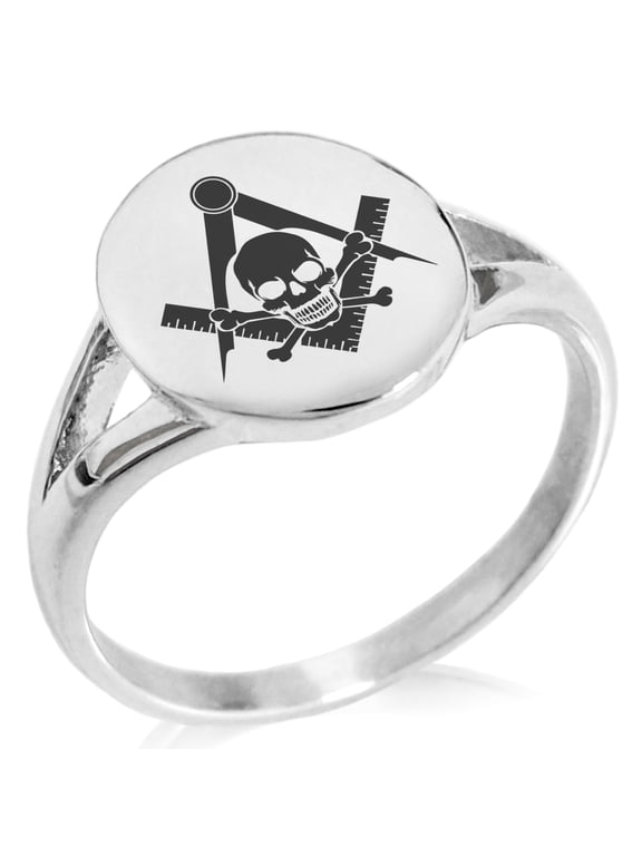 Stainless Steel Freemasons Masonic Skull & Crossbones Minimalist Oval Top Polished Statement Signet Ring