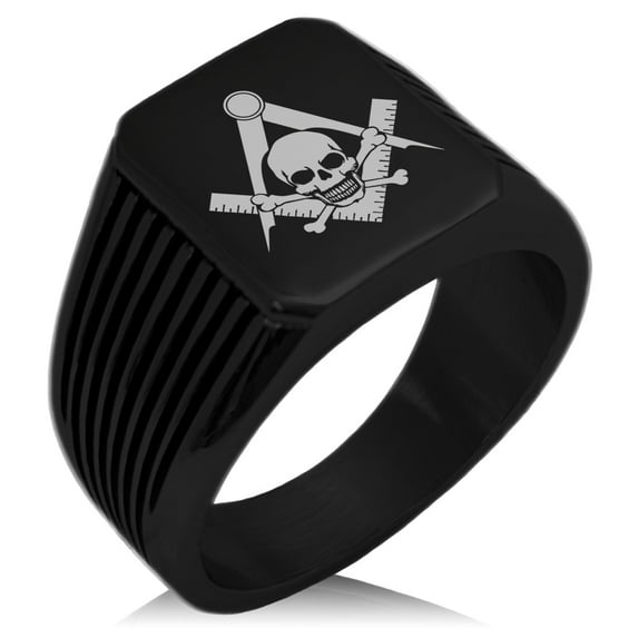 Stainless Steel Freemasons Masonic Skull & Crossbones Needle Stripe Pattern Biker Style Polished Ring