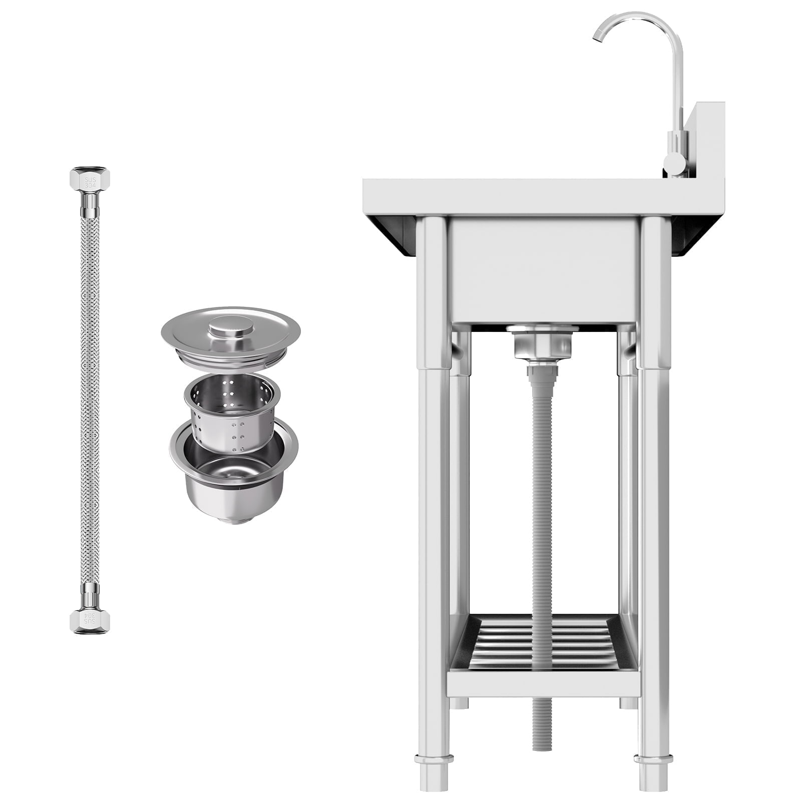 Stainless Steel Freestanding Utility Sink, Commercial Utility Sink with Cold and Hot Water Pipe and Faucet, Kitchen Sink with Workbench for Garage Indoor