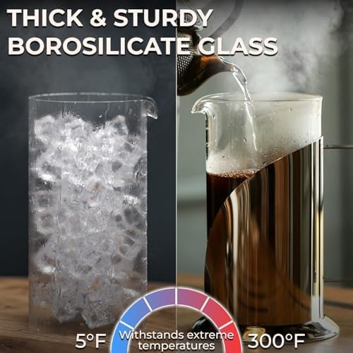 Stainless Steel French Press Coffee Maker 34 oz - Easy to Use Insulated Coffee Press with 4-Level Filtration, Manual Brewer for Tea, Camping & Travel with BPA Free, Durable Clear Glass