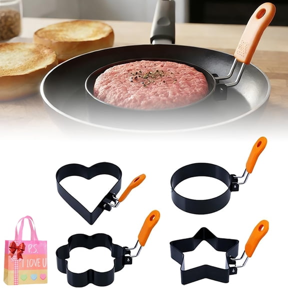 Stainless Steel Fried Egg Molds, Non-Stick Metal Ring with Silicone Handle for Breakfast Sandwiches, Burgers, and Pancakes, Egg Circle Maker for Griddle, Cooking Tool (A, 4pcs)