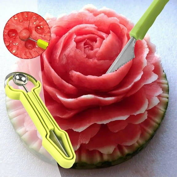 Stainless Steel Fruit Carving Knife Set | 3-in-1 Watermelon Slicer, Melon Baller, Digging Tool | Precision Cutter for Cantaloupe, Cucumber | Easy Clean, 8.5 Inch