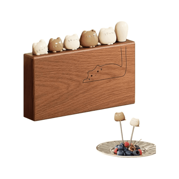 Stainless Steel Fruit Forks with Cat Handle, 6 Piece Dessert Fork Set with Wooden Base for Cake Cheese Salad, Creative Cat Design