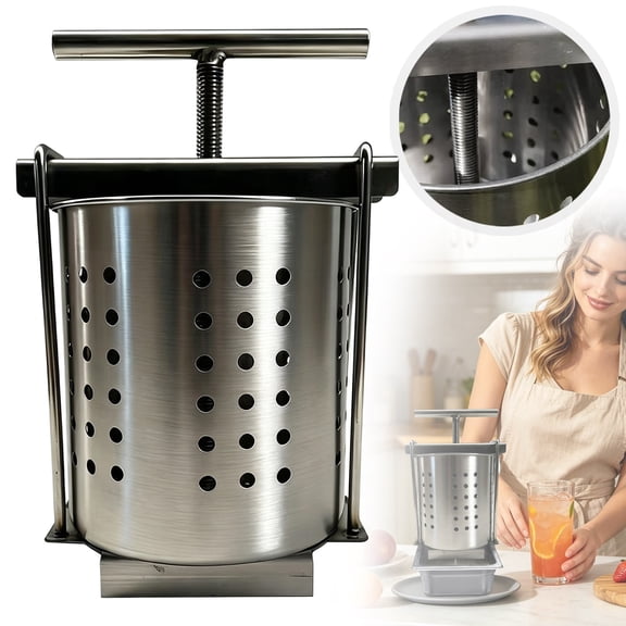 Stainless Steel Fruit Press, 1.5L Vegetable Wine Press, Manual Juice Extractor, T Handle Vegetable Squeezer, Household Cider Making Tool, Multi-purpose Kitchen Press Gadget for Olive Oil