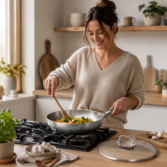 Stainless Steel Frying Pan Hammered Texture Wok Pan with Lid & Spatula Induction Compatible Skillet for All Stovetop Home Daily Cooking Roasting Stewing