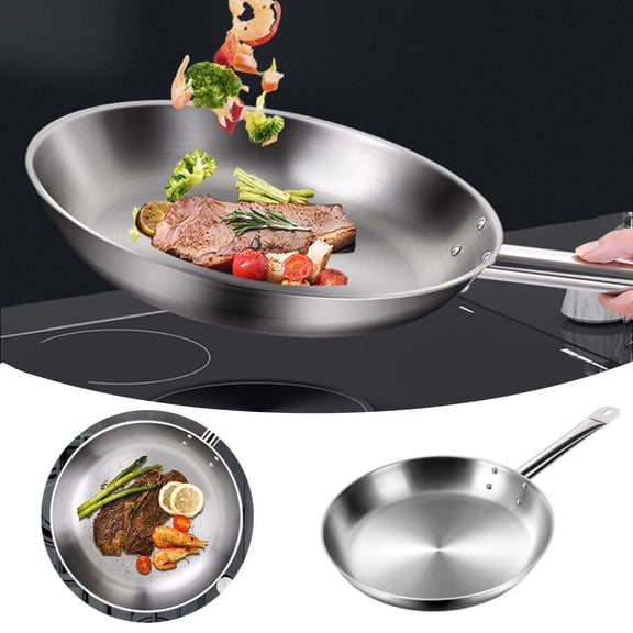 Stainless Steel Frying Pan Stainless Clad Skillet with Aluminum Core, Durable and Even Heating Professional Cookware for Induction, Gas, Electric, Ceramic Stoves, Oven Safe