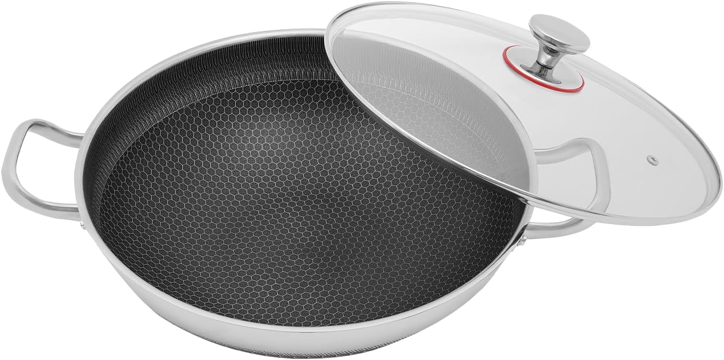Stainless Steel Frying Pot, 14-Inch Honeycomb Wok Pan with Tempered Glass Lid – Non-Stick & Scratch-Resistant for Gas/Induction/Electric Stoves