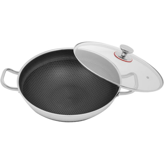 Stainless Steel Frying Pot, 14-Inch Honeycomb Wok Pan with Tempered Glass Lid – Non-Stick & Scratch-Resistant for Gas/Induction/Electric Stoves