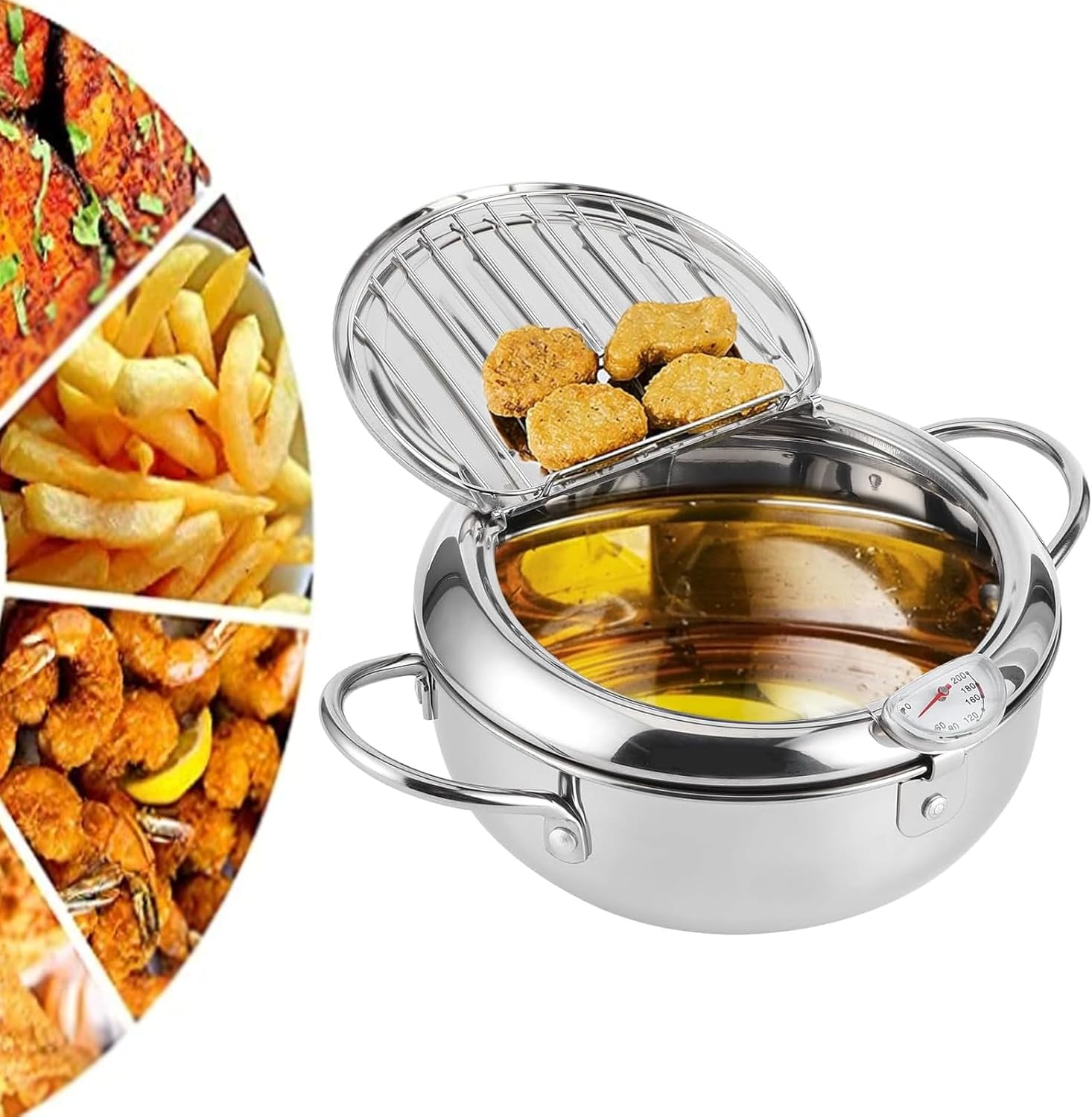 Stainless Steel Frying Pot with Thermometer and Oil Drip Drainer Rack