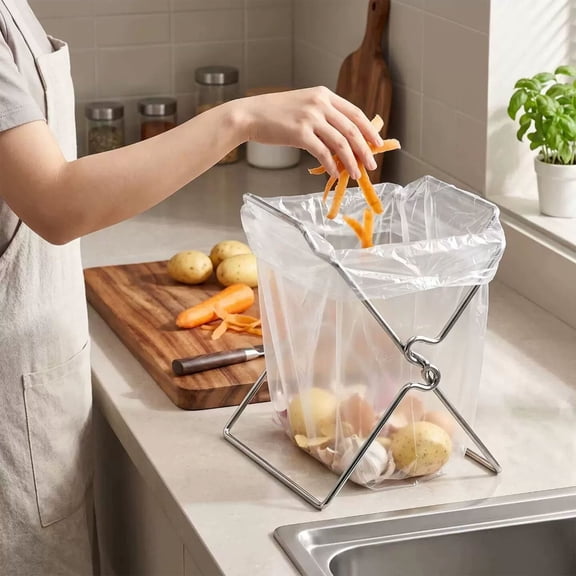 Stainless Steel Garbage Bag Rack, Space-Saving Hanging Trash Hanger for Kitchen Sink Counter Desktop Cabinet Door and Camping Picnic Barbecue Waste Storage