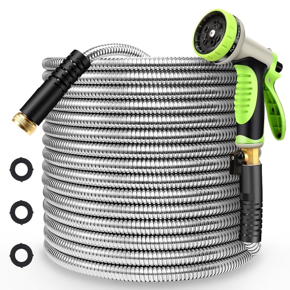 Stainless Steel Garden Hose 25FT with 10-function Spray Nozzle, Outdoor Yard Lawn Watering