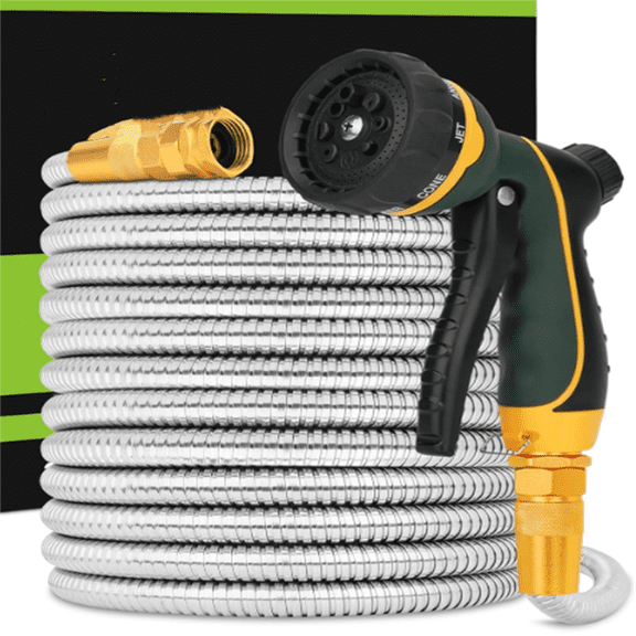 Stainless Steel Garden Hose - Flexible Metal Water Hose with Nozzle, Puncture, Rust Proof and Corrosion Resistant, Never Kink and High Pressure, Collapsible and Easy to Store