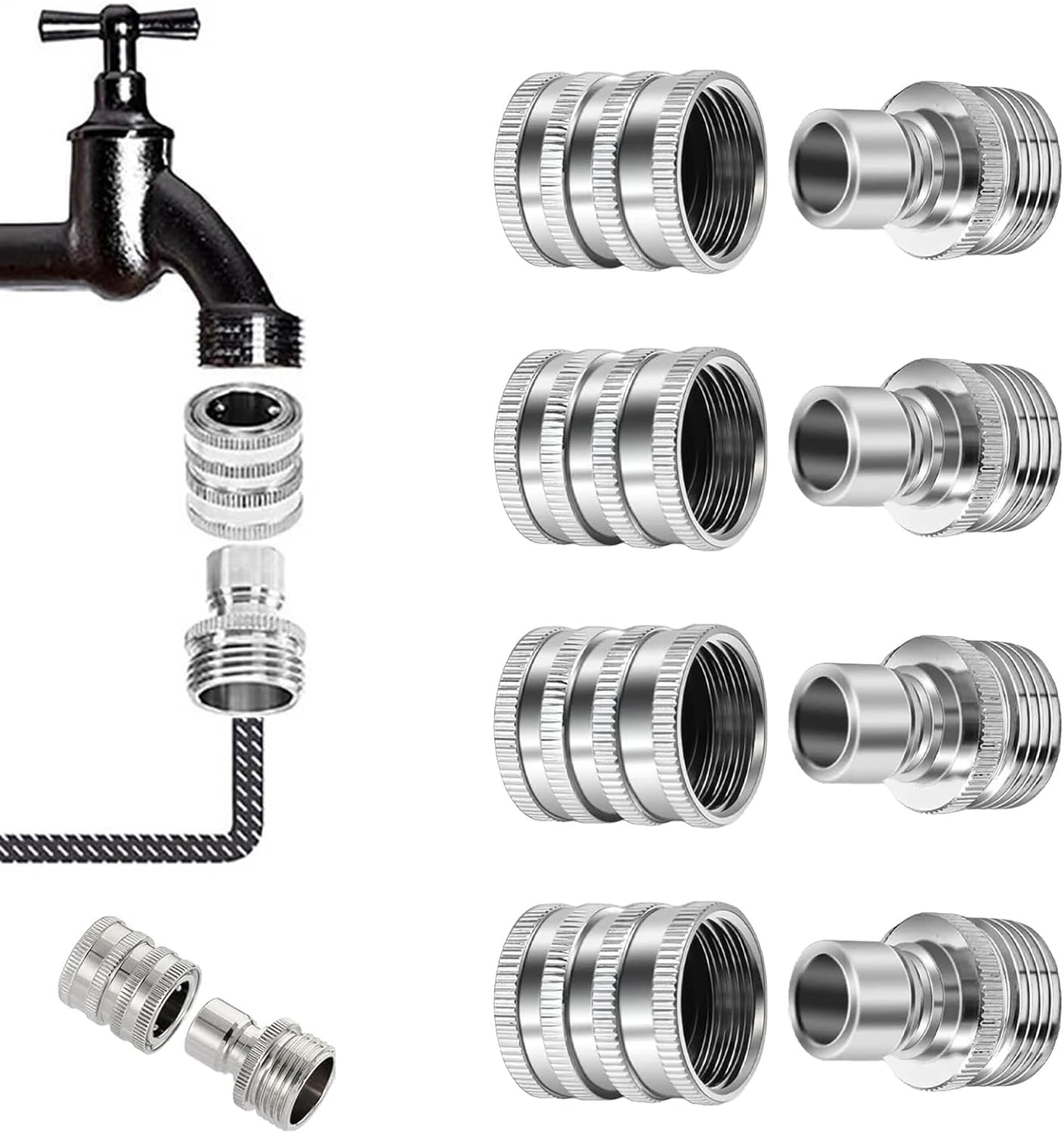 Stainless Steel Garden Hose Quick Connect Fittings Set, 3/4 Inch GHT Quick Release Hose Connector, Heavy-Duty Non-leak Water Hose Quick Disconnect Adapter